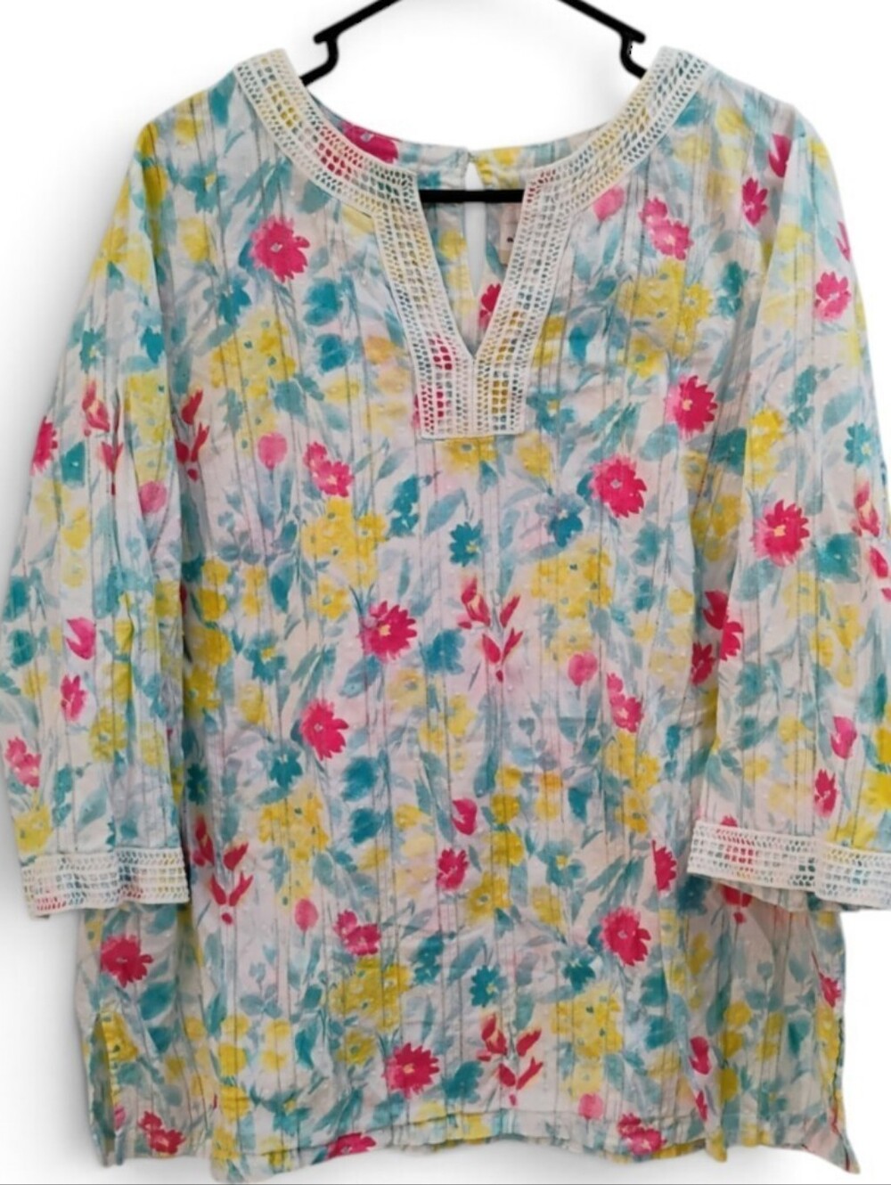 Alfred Dunner 18W Swiss Dot Tunic Blouse Floral Open Ladder Stripe Crochet VNeck